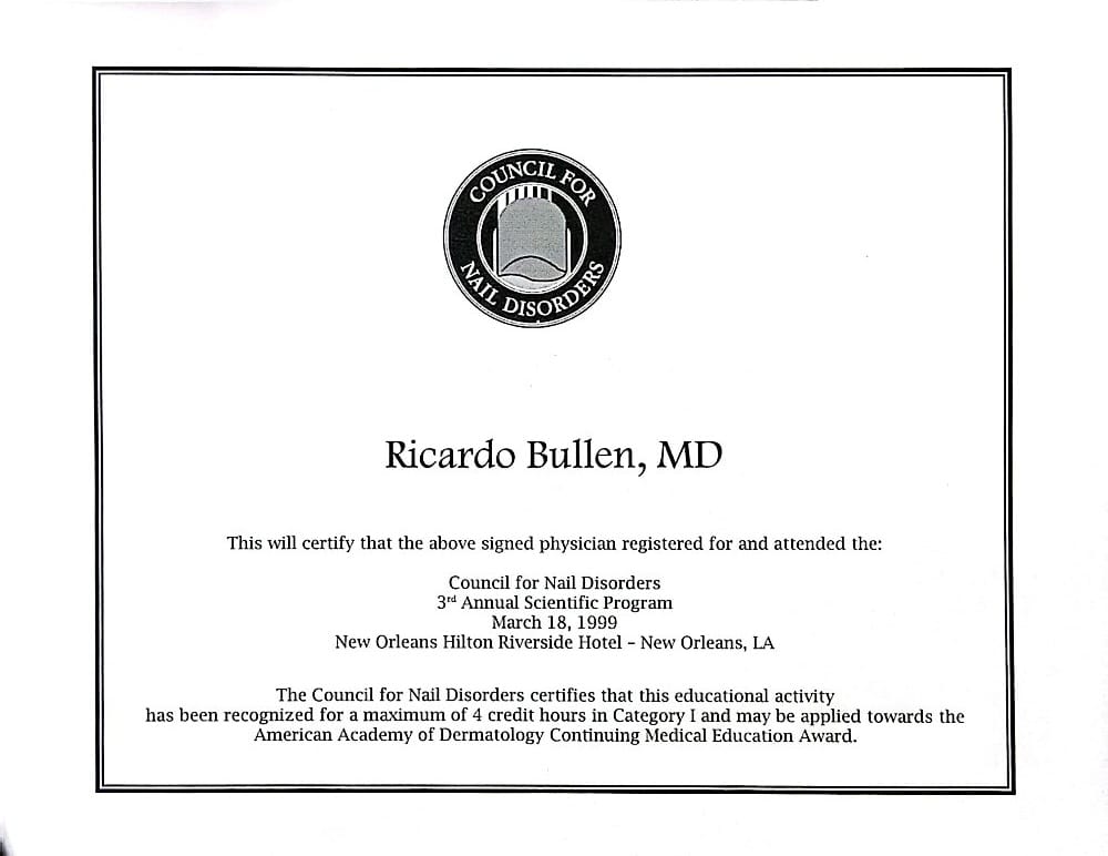 Certificado del Council for Nail Disorders que acredita la participación del Dr. Ricardo Bullen en su 3.er programa científico anual (Nueva Orleans, 1999)